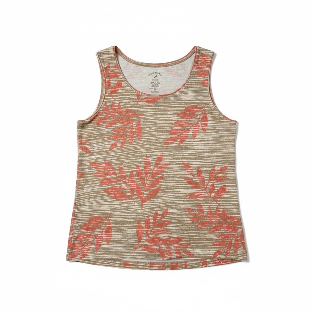 White Stag Women Tan Coral Leaf Stretch Tank Top M 8-10 Scoop Neck Sleeveless